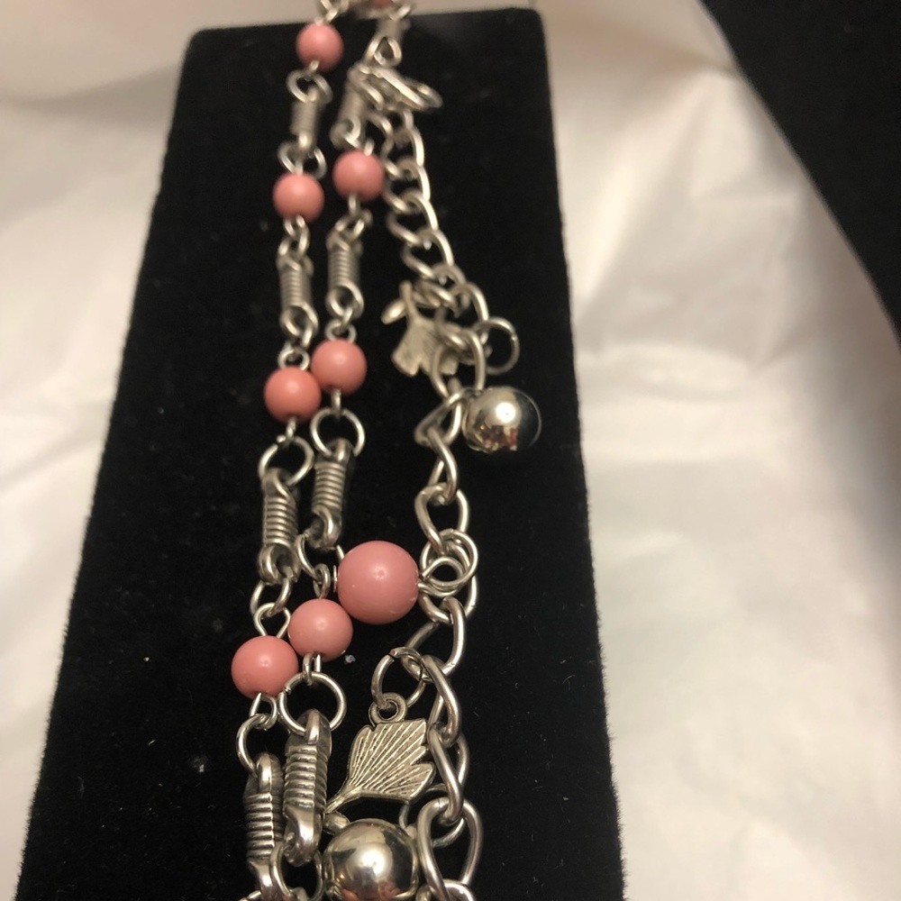 Pink beaded silver paparazzi bracelet